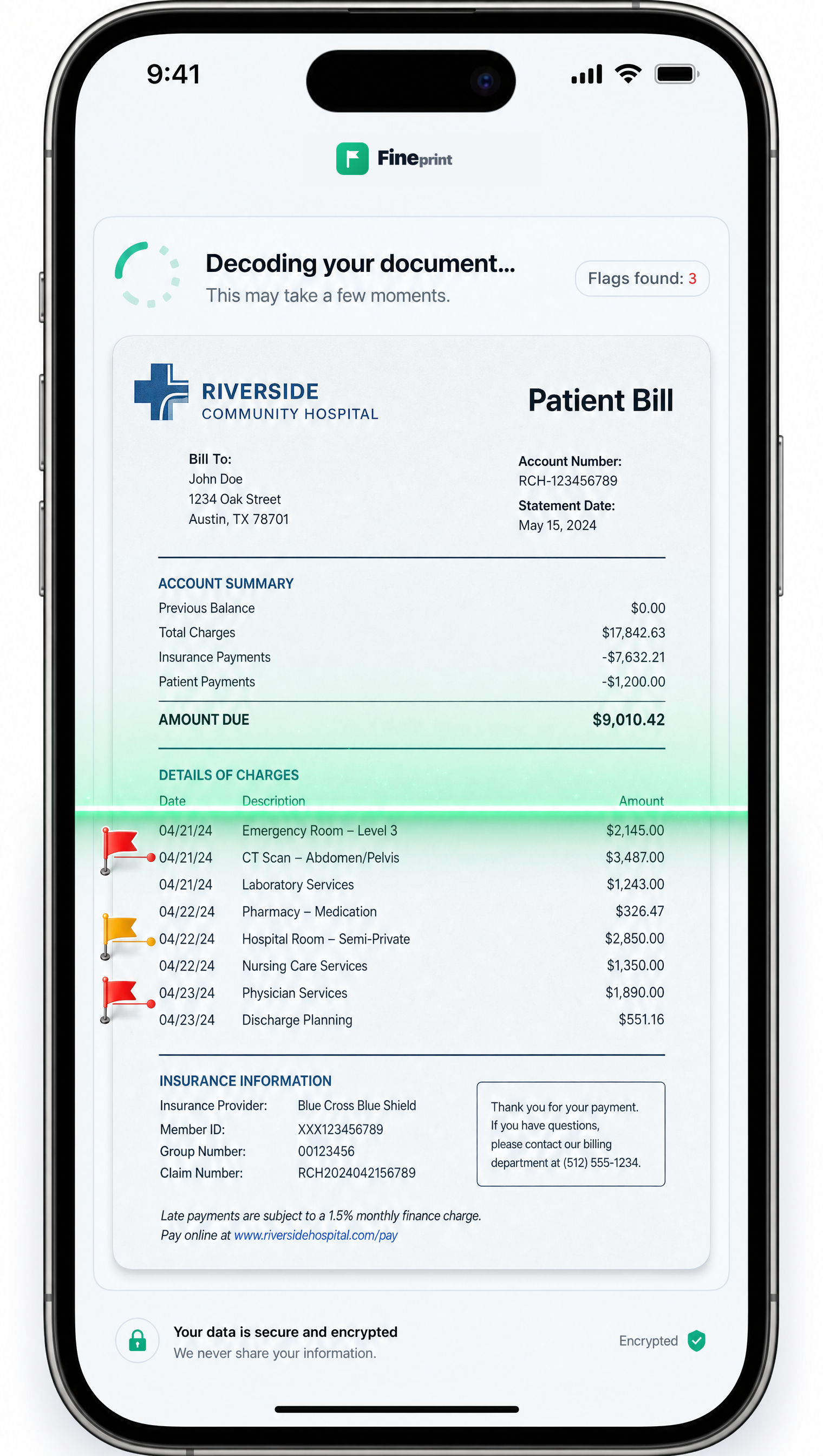 Fineprint decoding a medical bill and planting flags on suspicious lines